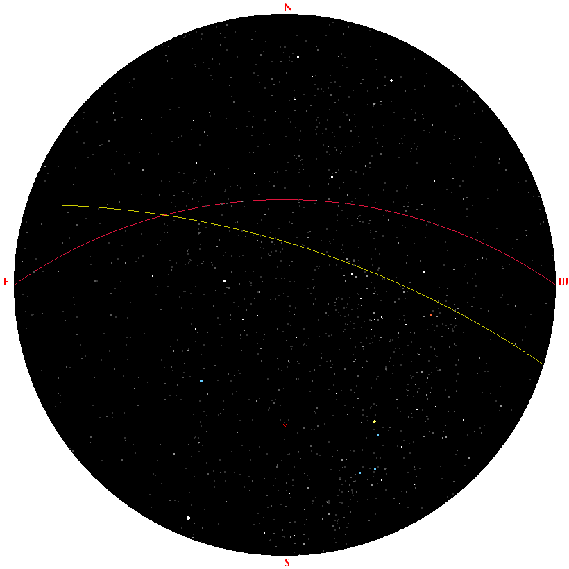 Sky chart for latitude 35 degrees South and 21 hours sidereal time without the constellations drawn in
